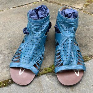 Blue Perforated Cutout Zip Up Leather Sandals
